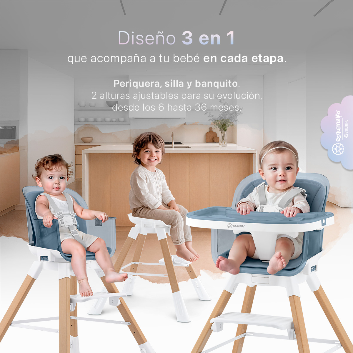 Foto 3 pulgar | Silla Alta Periquera Bebé 3 En 1 Esquimal  Azul  Doble Bandeja Para Comer  Asiento Giratorio 360°  Altura Ajustable