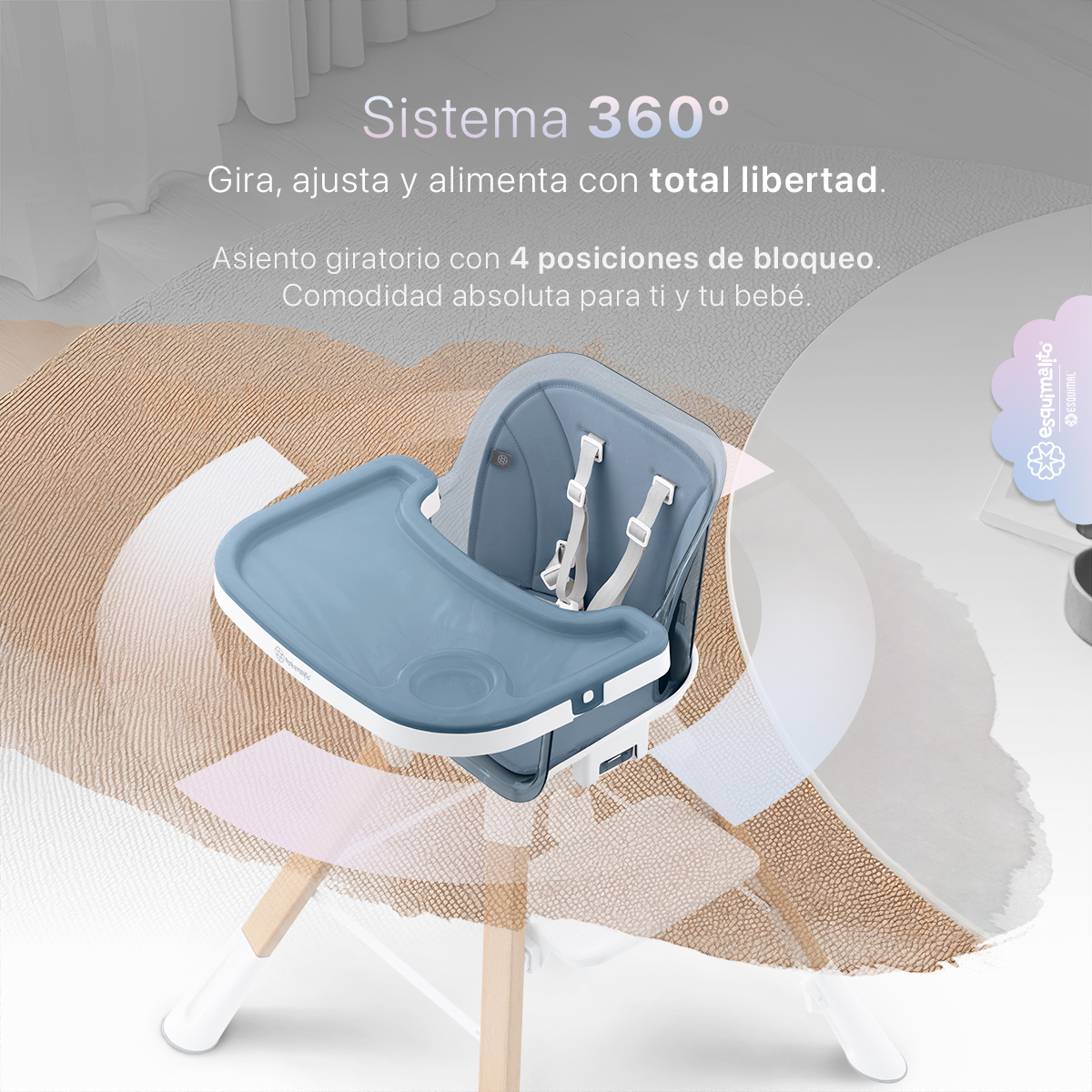 Foto 4 pulgar | Silla Alta Periquera Bebé 3 En 1 Esquimal  Azul  Doble Bandeja Para Comer  Asiento Giratorio 360°  Altura Ajustable