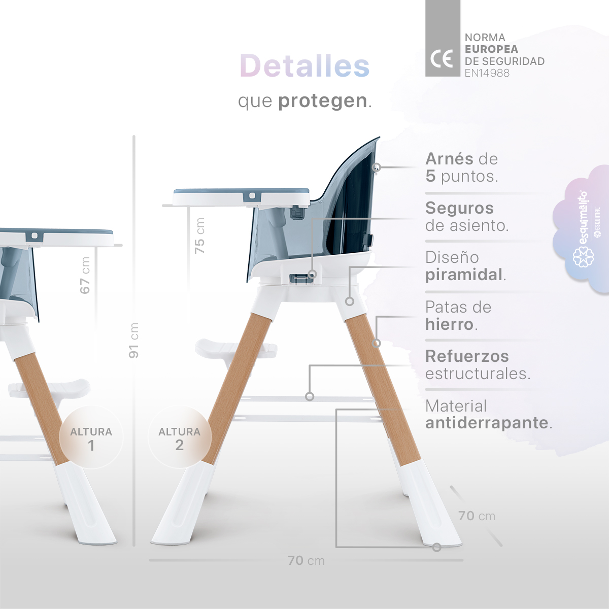 Foto 7 pulgar | Silla Alta Periquera Bebé 3 En 1 Esquimal  Azul  Doble Bandeja Para Comer  Asiento Giratorio 360°  Altura Ajustable
