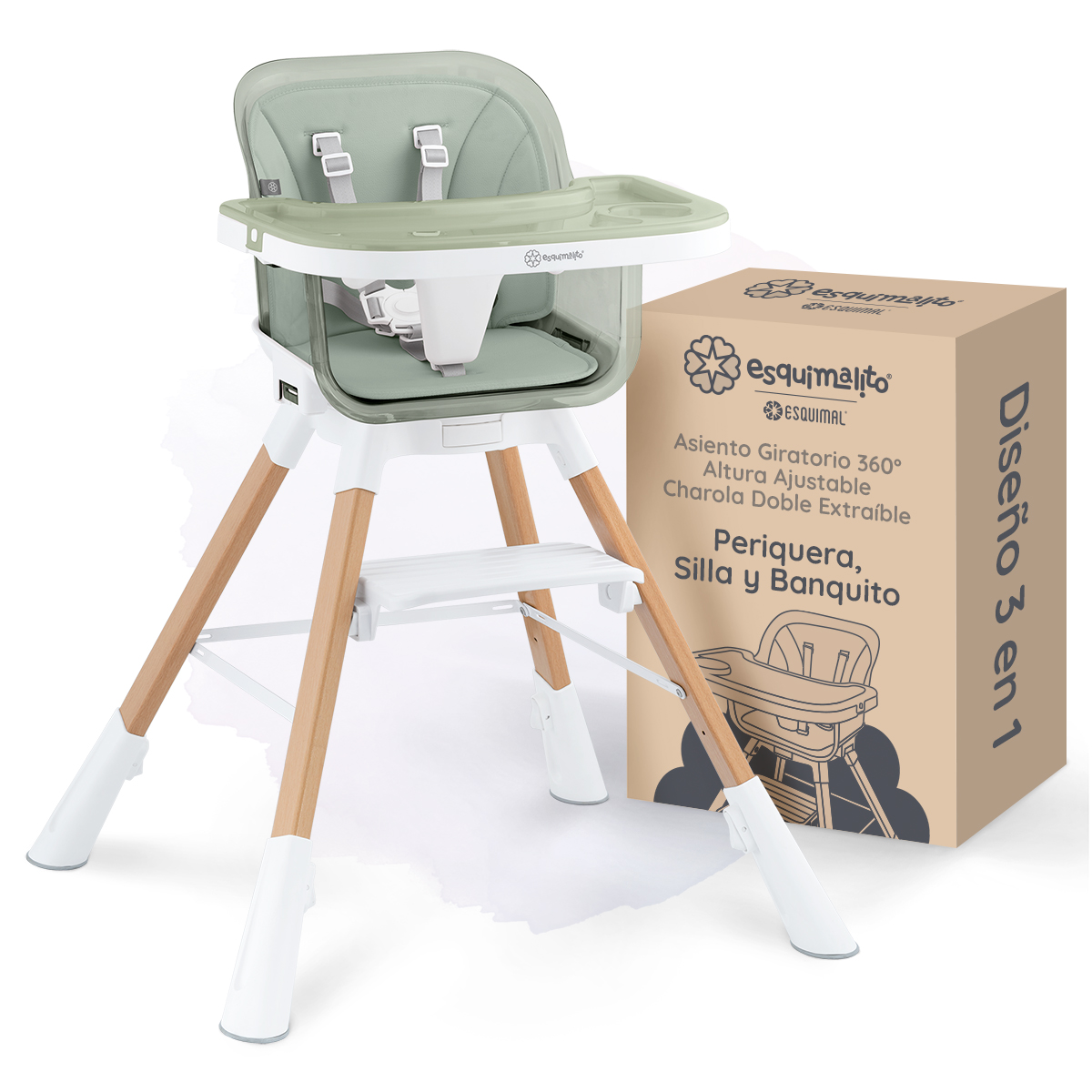 Foto 1 | Silla Alta Periquera Bebé 3 En 1 Esquimal  Verde  Doble Bandeja Para Comer  Asiento Giratorio 360°  Altura Ajustable