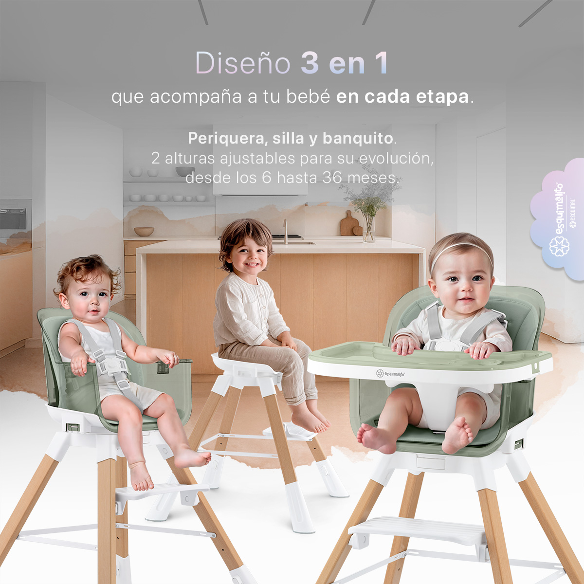 Foto 3 pulgar | Silla Alta Periquera Bebé 3 En 1 Esquimal  Verde  Doble Bandeja Para Comer  Asiento Giratorio 360°  Altura Ajustable