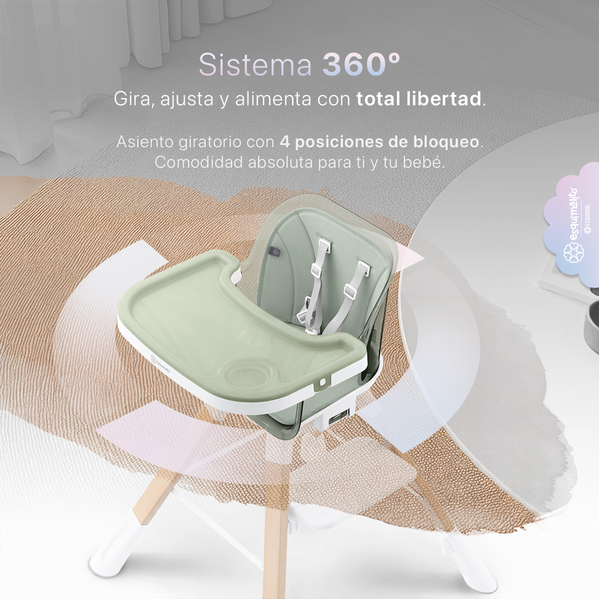 Foto 4 pulgar | Silla Alta Periquera Bebé 3 En 1 Esquimal  Verde  Doble Bandeja Para Comer  Asiento Giratorio 360°  Altura Ajustable