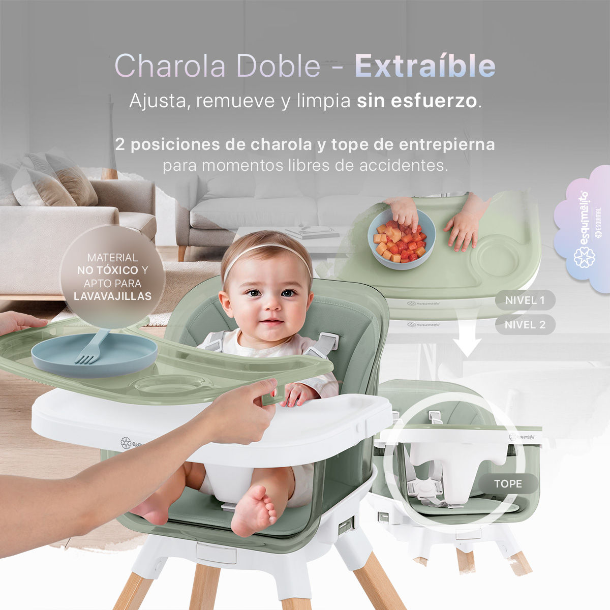 Foto 5 pulgar | Silla Alta Periquera Bebé 3 En 1 Esquimal  Verde  Doble Bandeja Para Comer  Asiento Giratorio 360°  Altura Ajustable