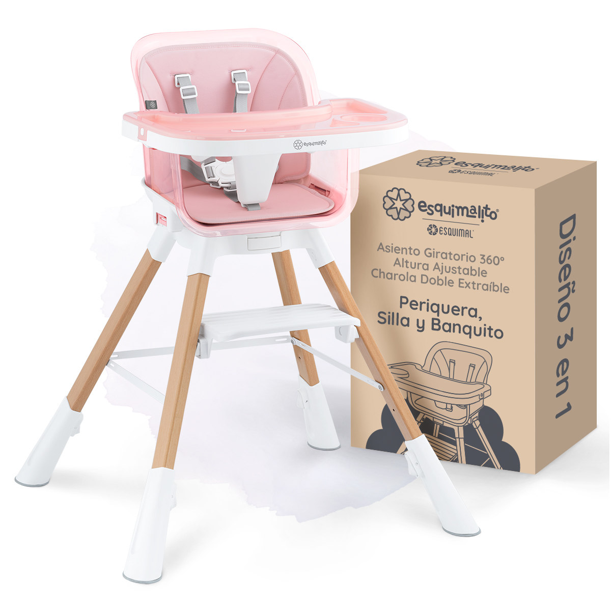 Foto 1 | Silla Alta Periquera Bebé 3 En 1 Esquimal  Rosa  Doble Bandeja Para Comer  Asiento Giratorio 360°  Altura Ajustable