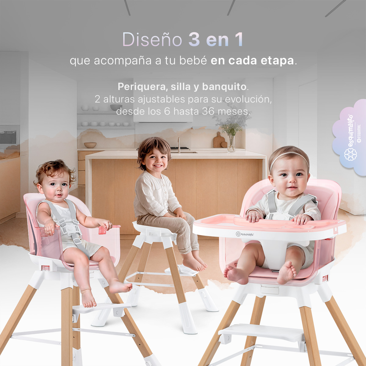 Foto 3 pulgar | Silla Alta Periquera Bebé 3 En 1 Esquimal  Rosa  Doble Bandeja Para Comer  Asiento Giratorio 360°  Altura Ajustable