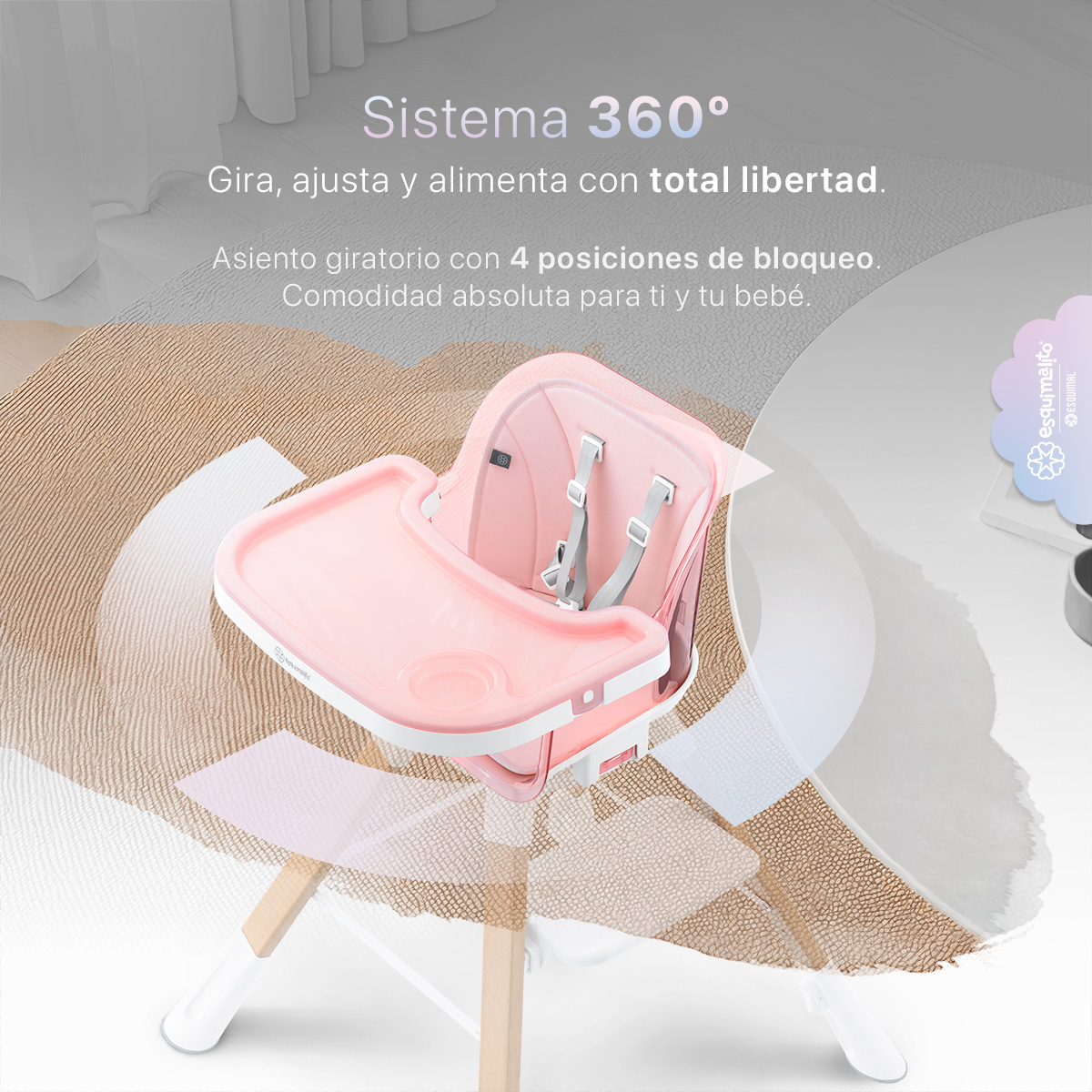 Foto 4 pulgar | Silla Alta Periquera Bebé 3 En 1 Esquimal  Rosa  Doble Bandeja Para Comer  Asiento Giratorio 360°  Altura Ajustable