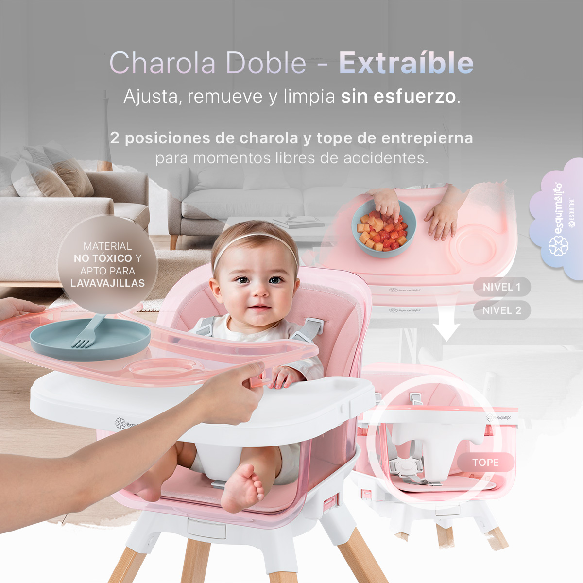 Foto 5 pulgar | Silla Alta Periquera Bebé 3 En 1 Esquimal  Rosa  Doble Bandeja Para Comer  Asiento Giratorio 360°  Altura Ajustable