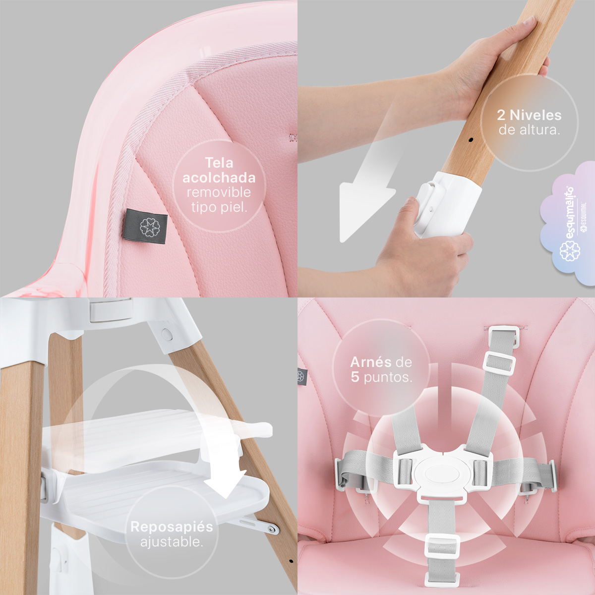 Foto 6 pulgar | Silla Alta Periquera Bebé 3 En 1 Esquimal  Rosa  Doble Bandeja Para Comer  Asiento Giratorio 360°  Altura Ajustable