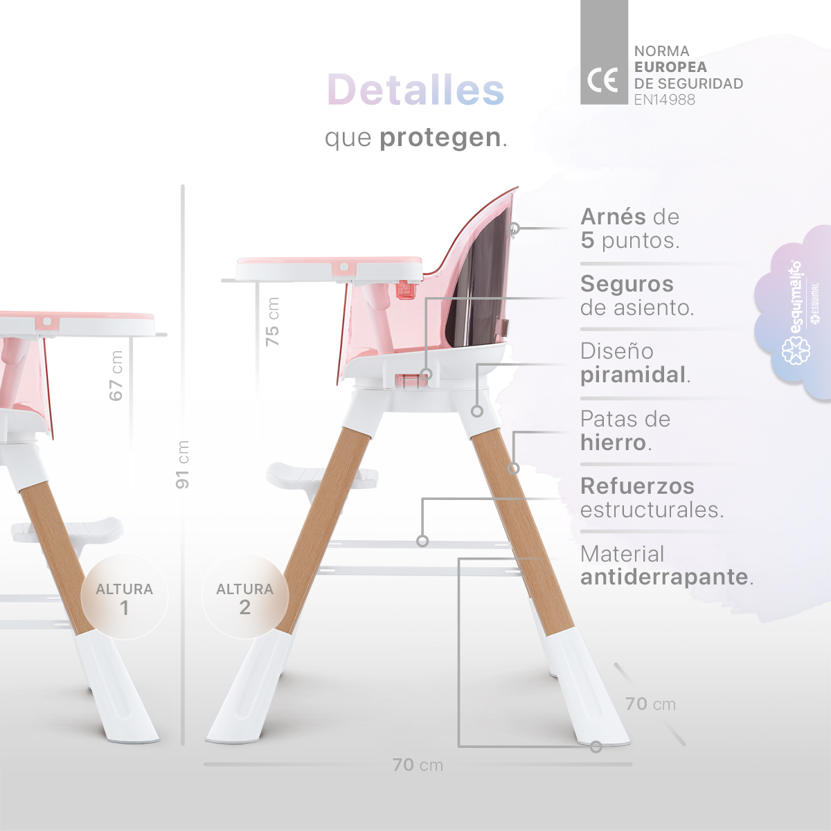 Foto 7 pulgar | Silla Alta Periquera Bebé 3 En 1 Esquimal  Rosa  Doble Bandeja Para Comer  Asiento Giratorio 360°  Altura Ajustable