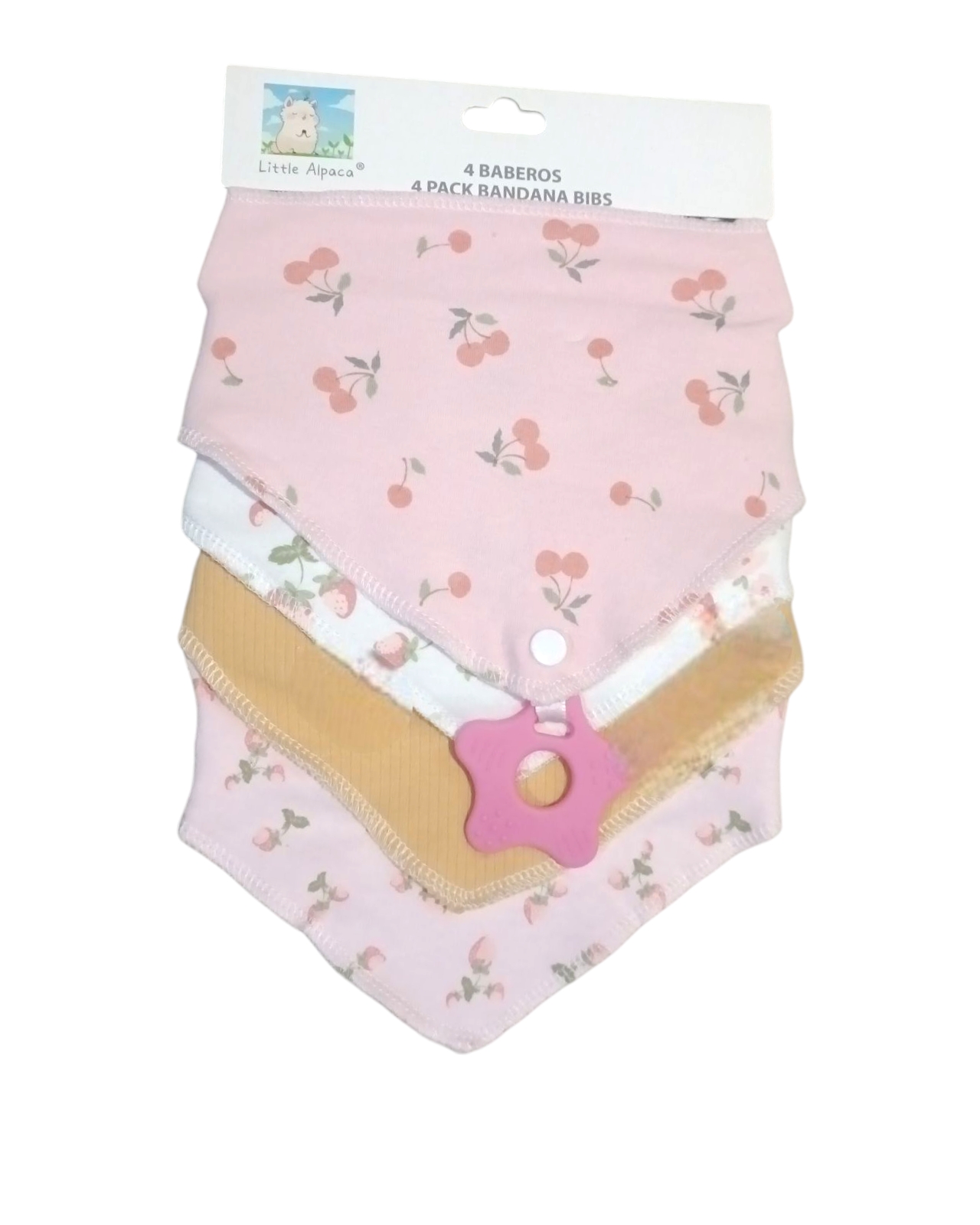 Bandanas 4 Piezas Baby Room, Una Con Mordedera, Diseño Flores, Frutas Y Mariposas En Tonos Rosas, Una Lisa En Am
