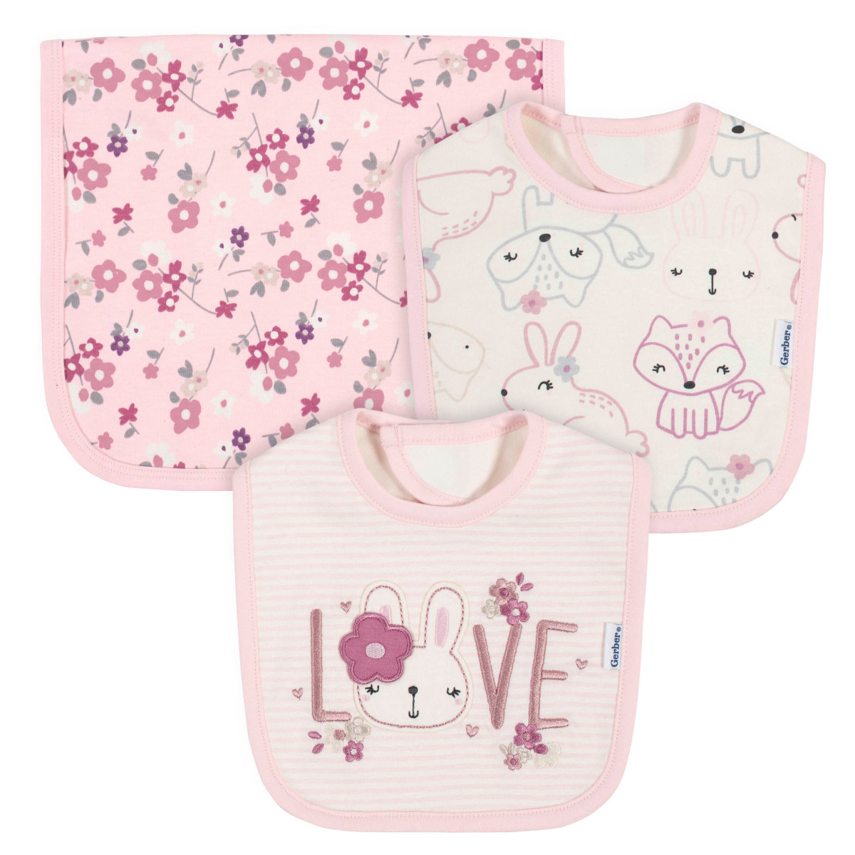 Set 3 Baberos Orgánicos Gerber 100% Algodón Rosa Cobertura