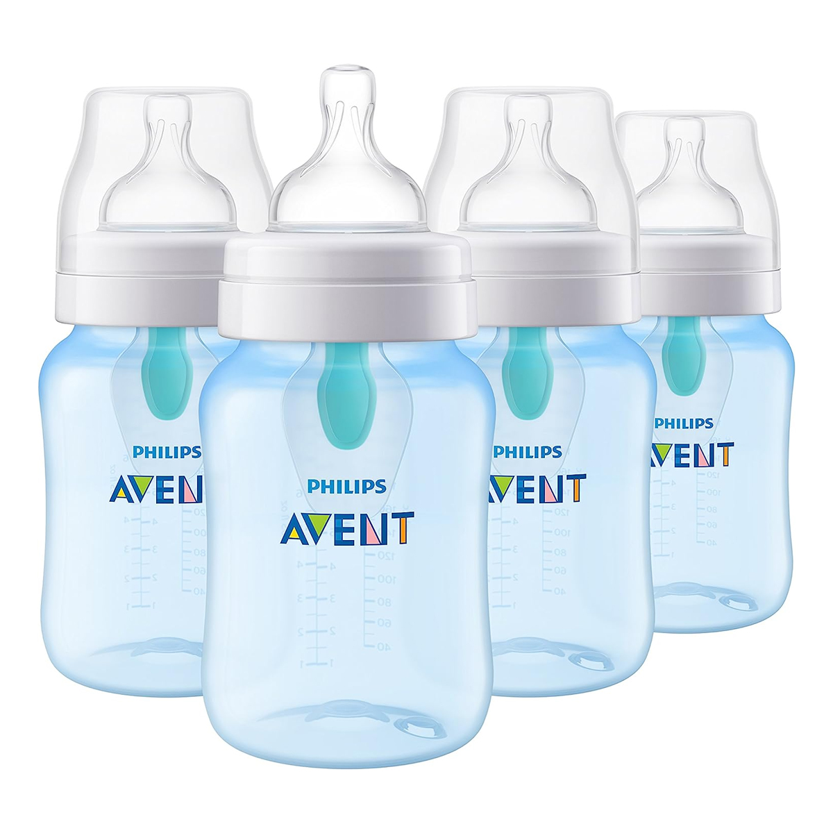 Biberones Avent Anticólicos con Ventilación color Azul 9 Oz 4 Piezas