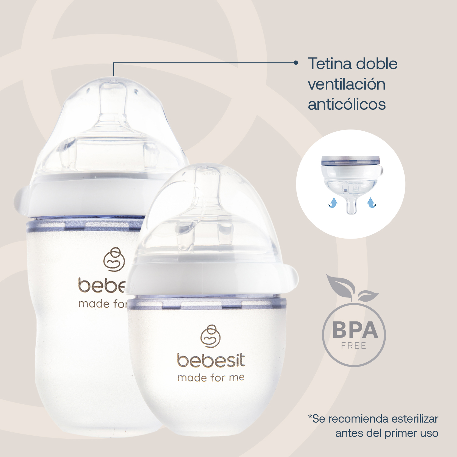 Foto 5 pulgar | Set 2 Biberones + Tetina + Asa Bebesit Flujo Adaptable 150/250 Ml