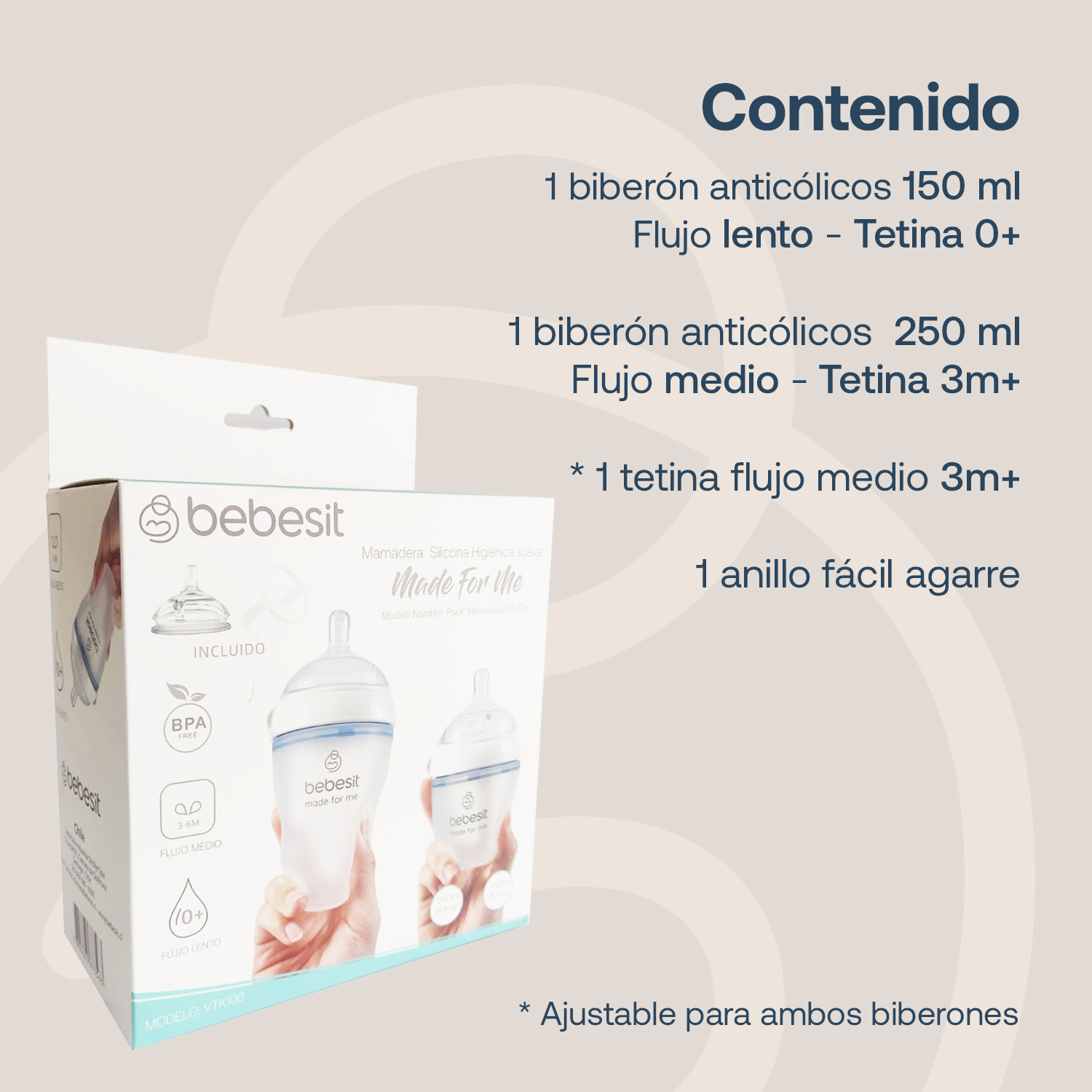 Foto 6 | Set 2 Biberones + Tetina + Asa Bebesit Flujo Adaptable 150/250 Ml