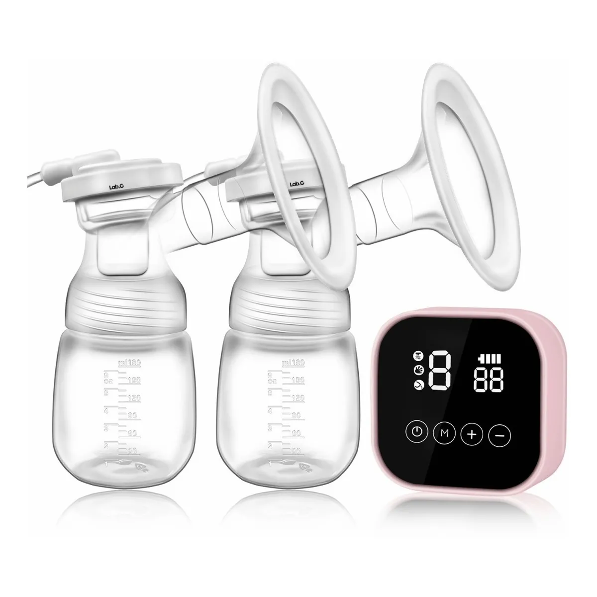 Extractor De Leche Eléctrico Doble Lactancia Recargable Transparente Con Led, 2 Biberones Lab.g Rosa