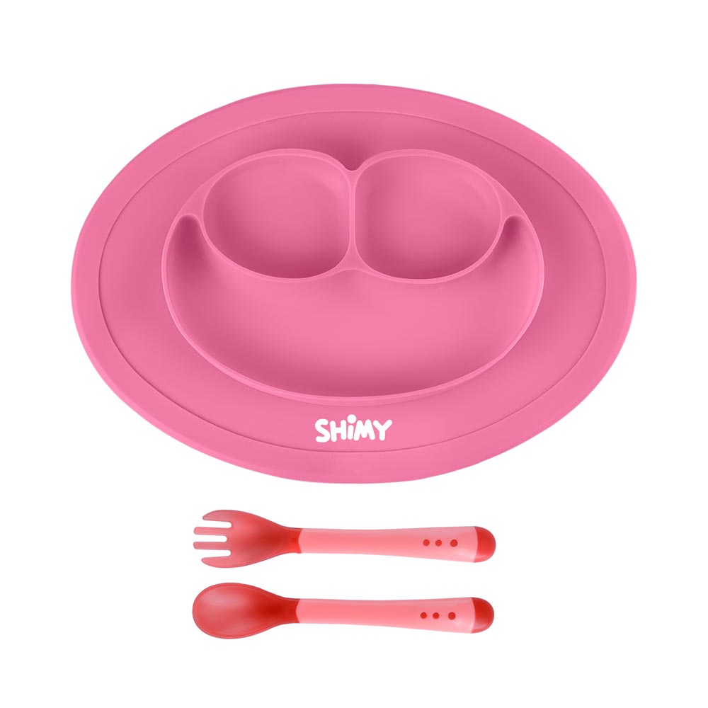 Plato Antideslizante con Cubiertos Shimy color Rosa para Bebé