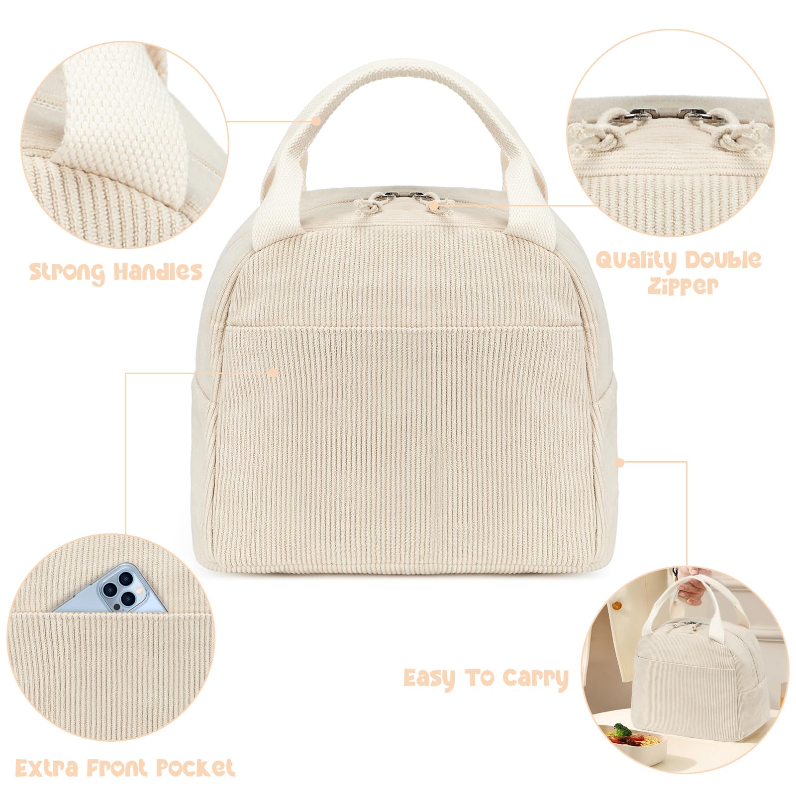 Foto 5 pulgar | Bolsa De Almuerzo Bluboon Corduroy Beige Con Aislamiento De Gran Capacidad - Venta Internacional.