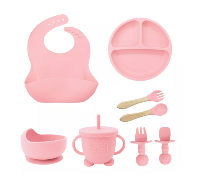 Platos Para Bebés De Silicona Con Tazón Cuchara Tenedor Color Rosa Wünd