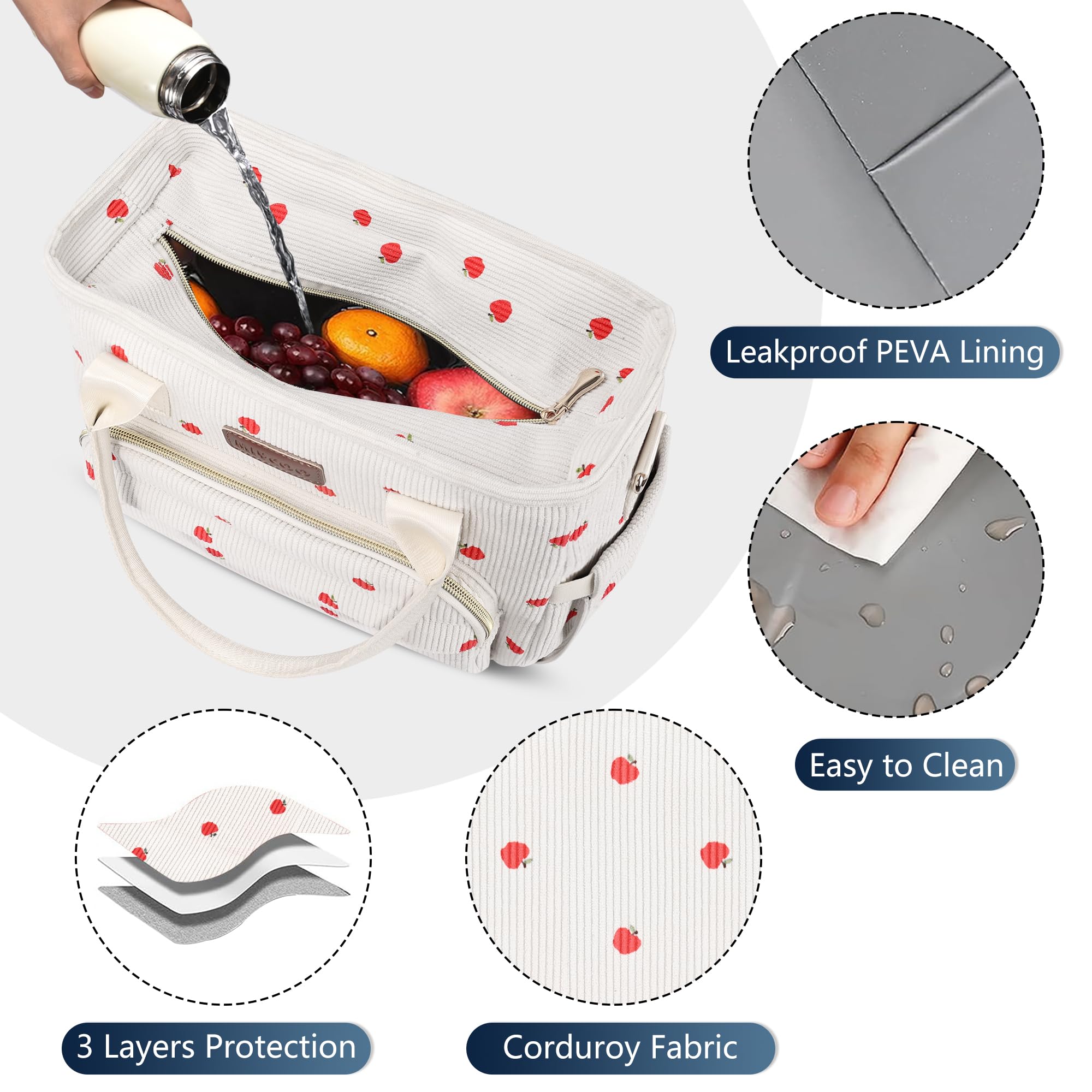 Foto 2 | Bolsa De Almuerzo Miycoo Corduroy Apple, A Prueba De Fugas, Aislante Para Mujer - Venta Internacional.