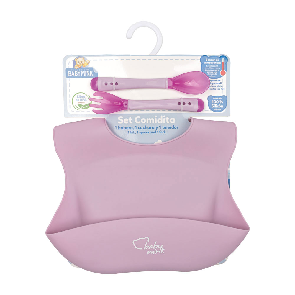 Foto 1 | Set Comidita Baby Mink Bmf01 Rosa(babero Y Set De Cubiertos)