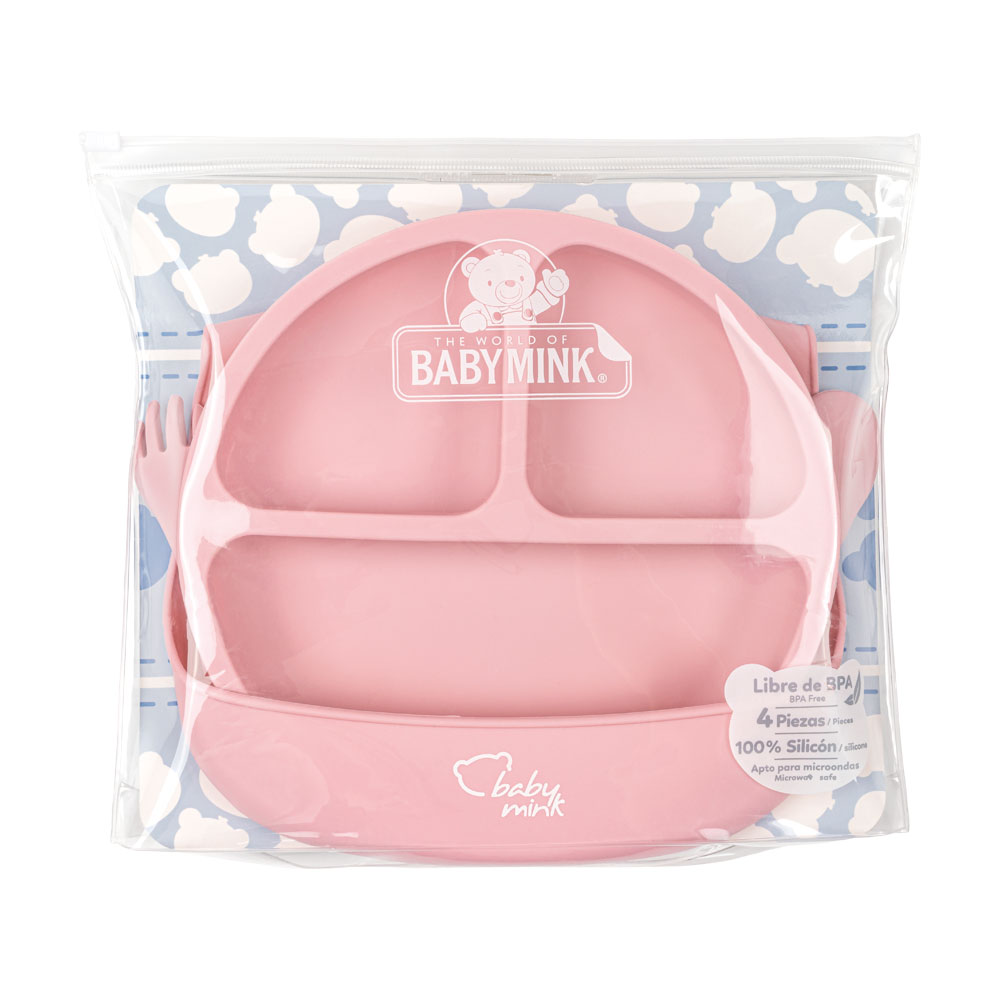 Mi Primer Comidita Baby Mink Bmf02 Rosa(babero, Plato Con Divisiones Y Set De Cubiertos)