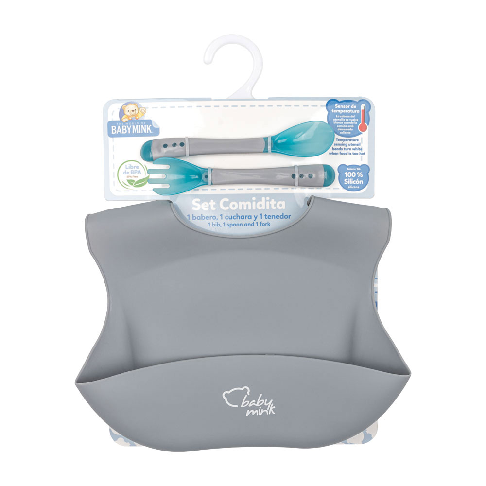 Foto 1 | Set Comidita Baby Mink Bmf01 Gris(babero Y Set De Cubiertos)