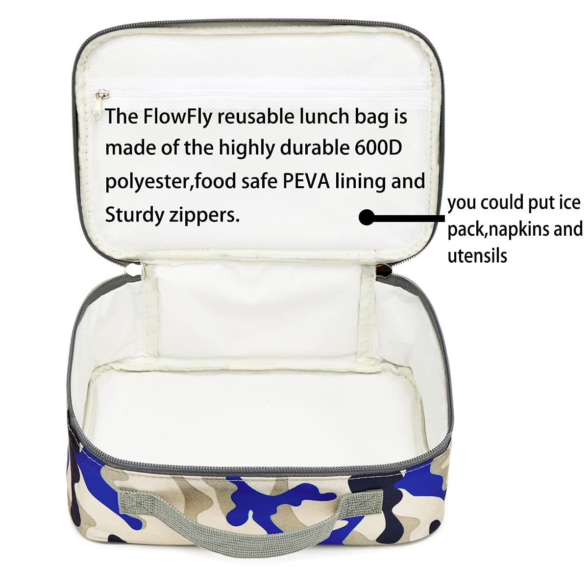 Foto 4 pulgar | Lonchera Flowfly Kids, Bolsa Blanda Aislante, Color Azul Camuflaje - Venta Internacional.