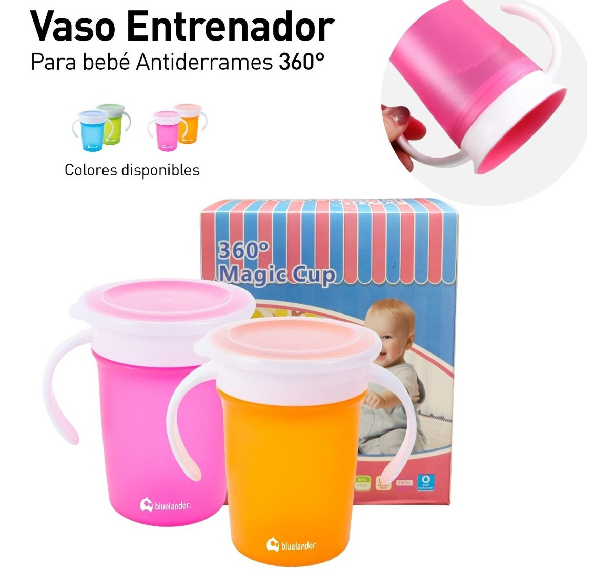 Foto 3 pulgar | Vaso Entrenador para Bebés BLUELANDER Multicolor 360 Antiderrames 280 ML 2 Piezas