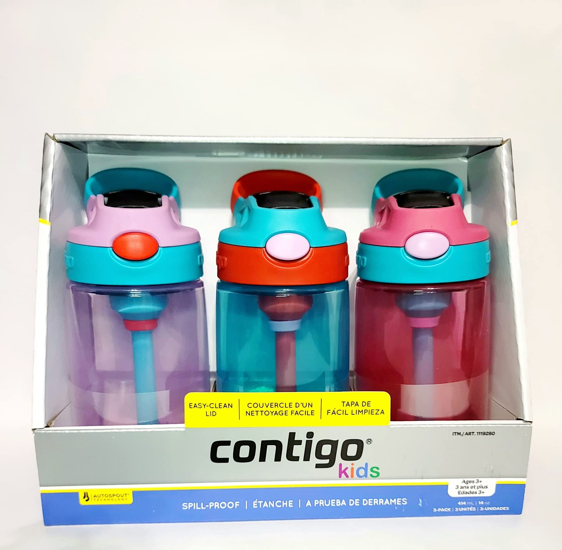 Foto 2 pulgar | Botella De Agua Contigo Kids Autospout 414 Ml, Paquete De 3, Morado/azul/rosa - Venta Internacional.