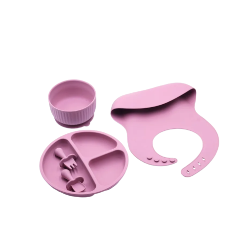 Foto 2 pulgar | Kit para Comida Bebé con Babero de Silicona 5 Pz color Rosa