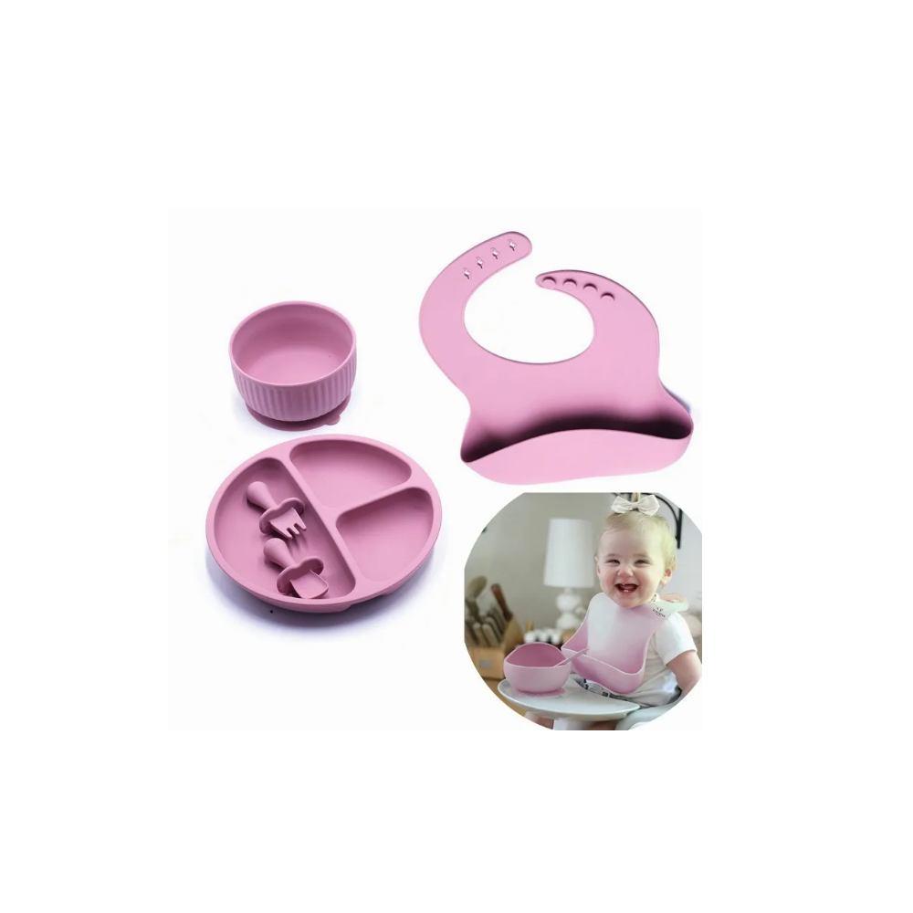 Foto 3 pulgar | Kit para Comida Bebé con Babero de Silicona 5 Pz color Rosa