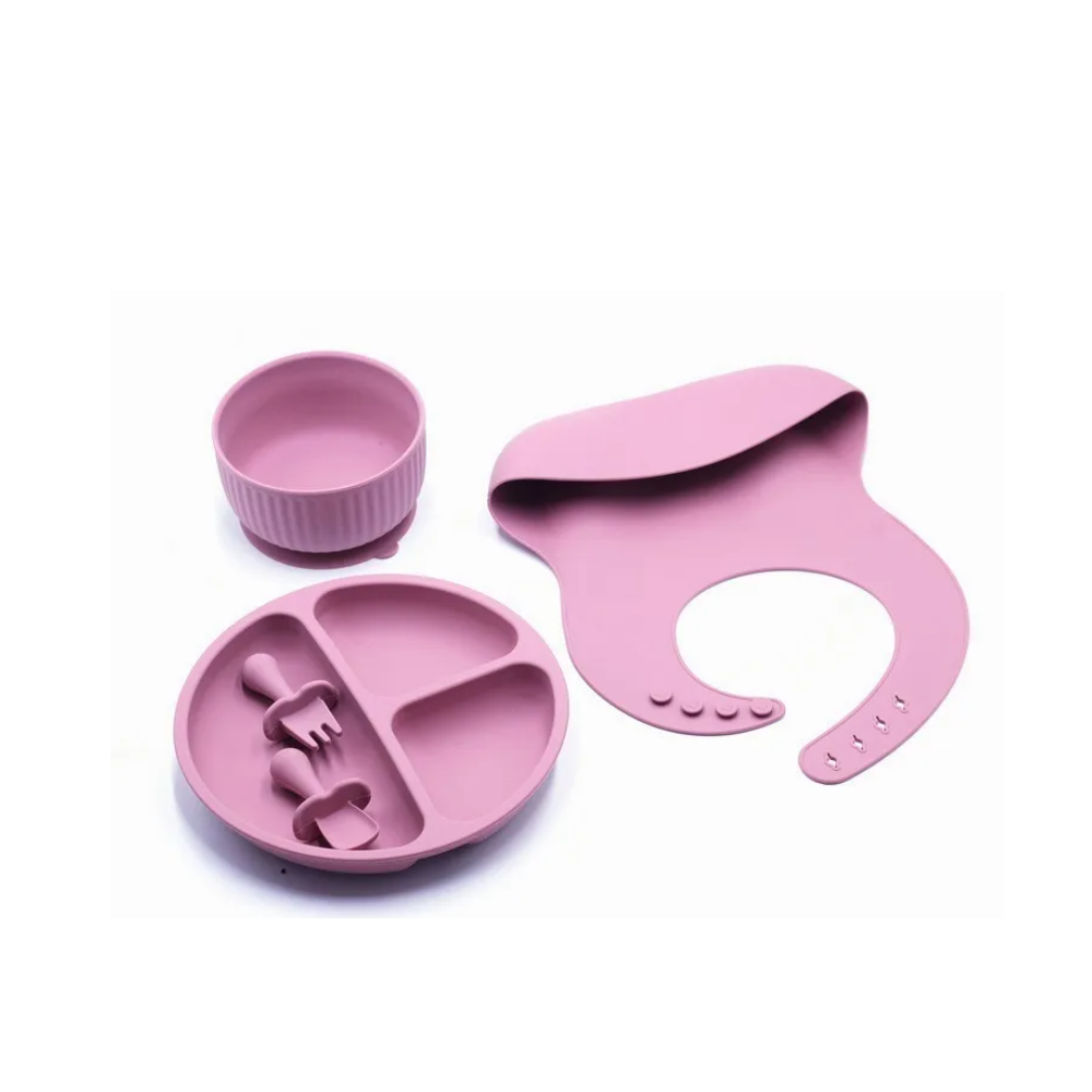 Foto 4 pulgar | Kit para Comida Bebé con Babero de Silicona 5 Pz color Rosa