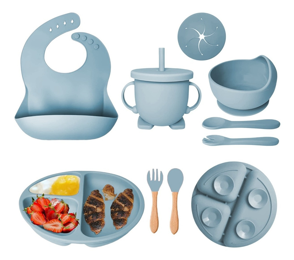 Set de Alimentación Funbu Babero y Cubiertos color Azul para Bebé