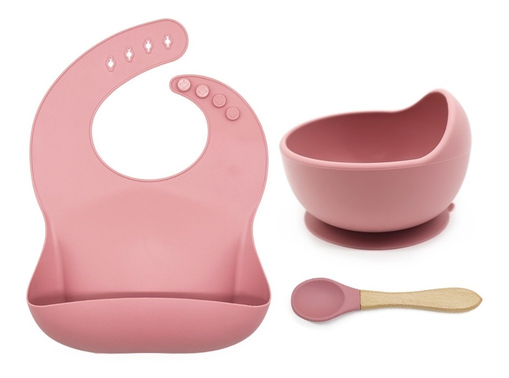 Set de 1 Baberoo 1 Cuenco y 1 Cuchara de Silicona Funbu color Rosa para Niña