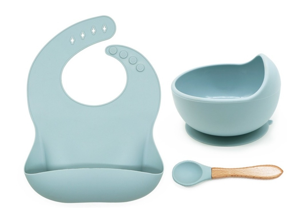 Set FUNBU de 1 Babero 1 Cuenco y 1 Cuchara de Silicona para Niños Azul