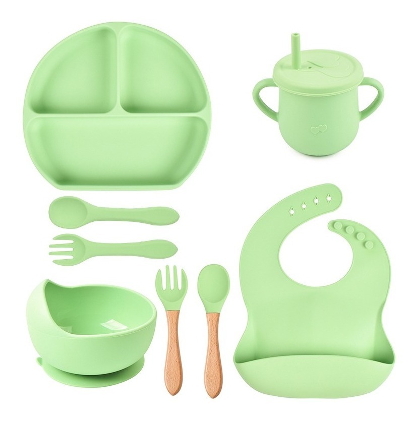 Kit FUNBU color Verde Plato Vaso Babero de Silicona Antideslizante para Bebé