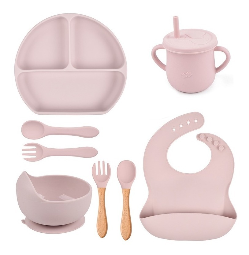 Kit FUNBU color Rosa Claro Plato Vaso Babero de Silicona Antideslizante para Bebé