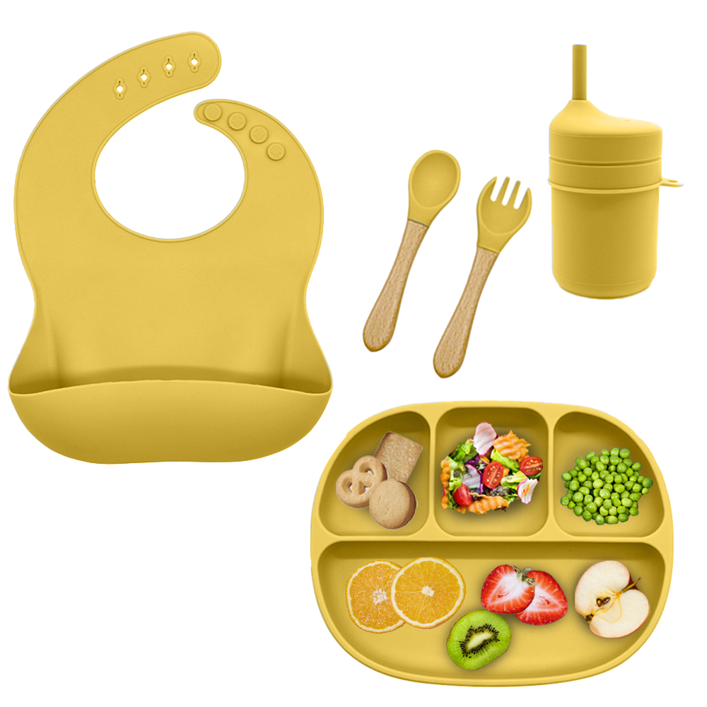 Set HAPPY LIFE de Comida Bebé BPA Free Babero Plato Cubiertos y Vaso Entrenador 5 Piezas