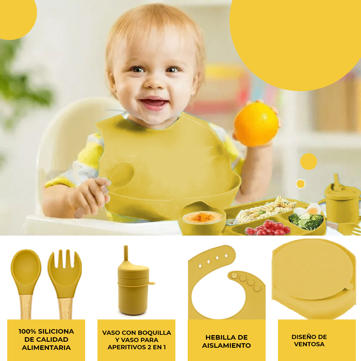 Foto 4 pulgar | Set HAPPY LIFE de Comida Bebé BPA Free Babero Plato Cubiertos y Vaso Entrenador 5 Piezas