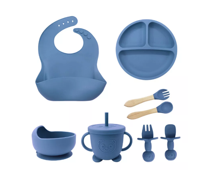 Platos Para Bebés De Silicona Con Tazón Cuchara Tenedor Color Azul Wünd