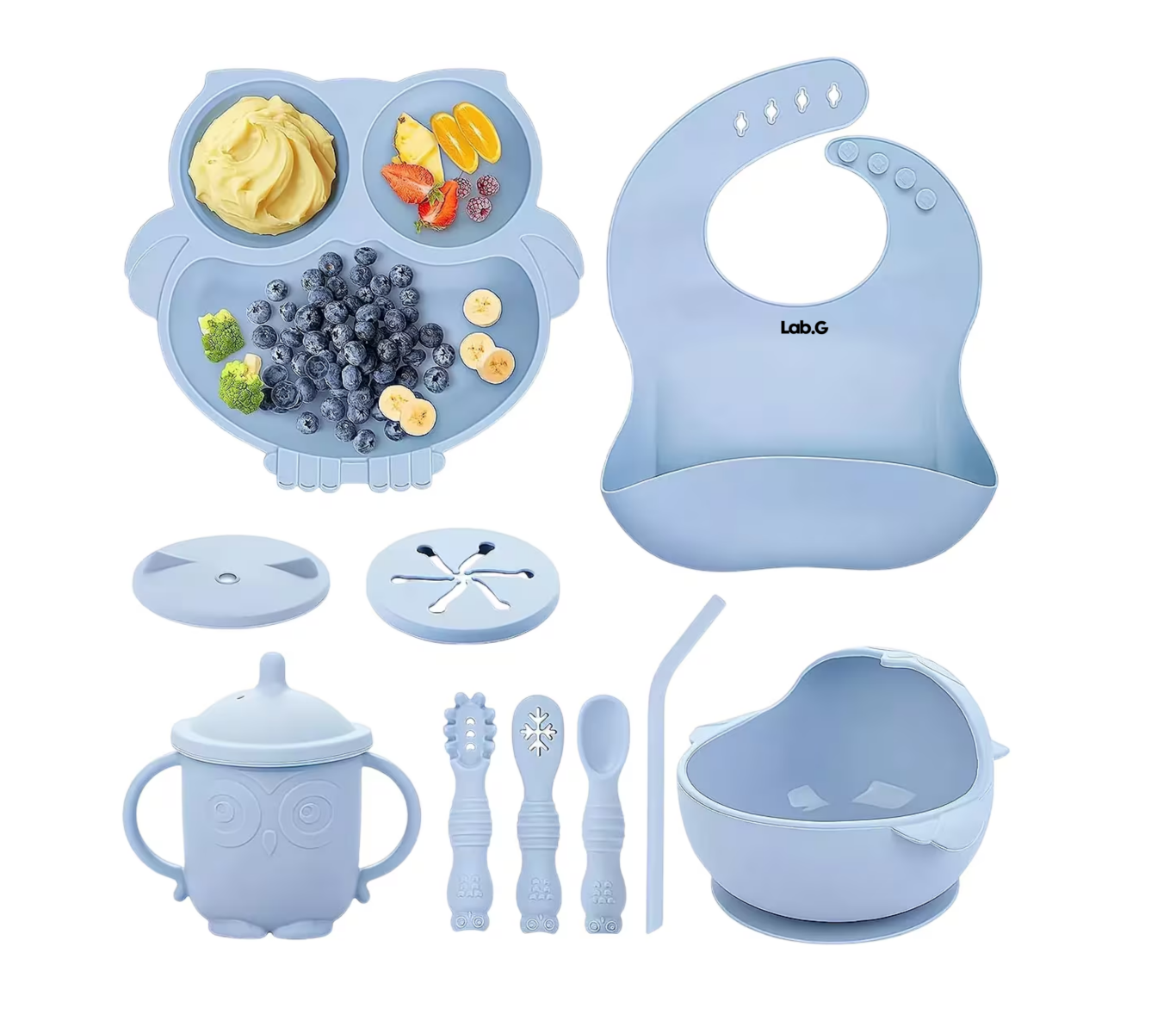 Platos para Bebés Silicona Bowl Copa Cuchara Tenedor Babero Búho Azul