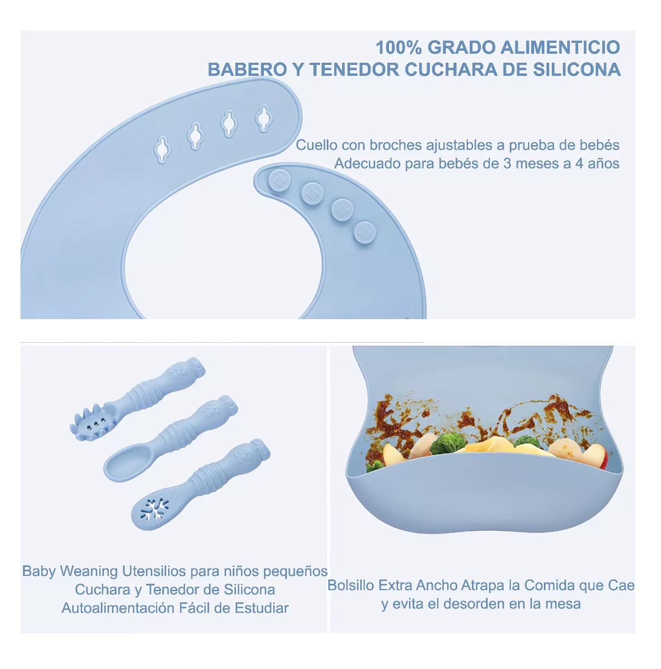 Foto 2 | Platos para Bebés Silicona Bowl Copa Cuchara Tenedor Babero Búho Azul