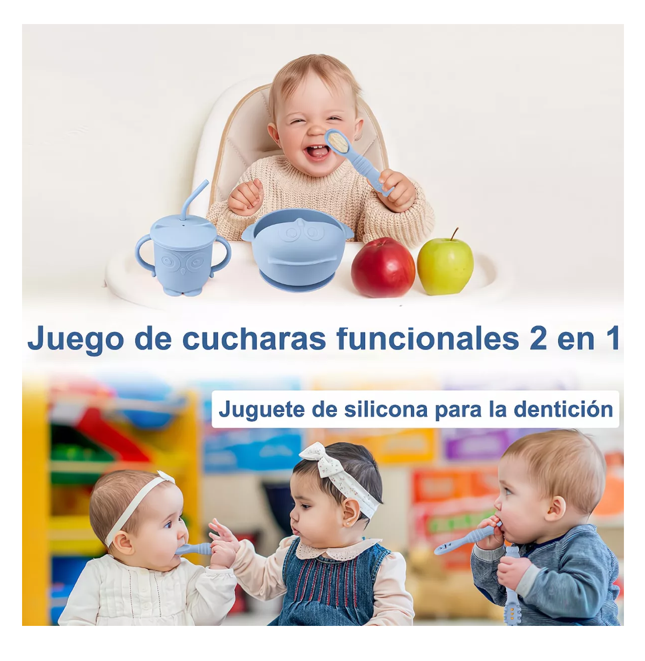 Foto 4 pulgar | Platos para Bebés Silicona Bowl Copa Cuchara Tenedor Babero Búho Azul