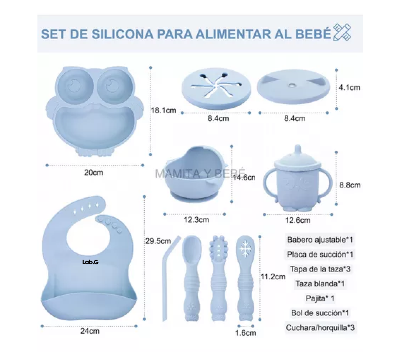 Foto 4 | Platos para Bebés Silicona Bowl Copa Cuchara Tenedor Babero Búho Azul
