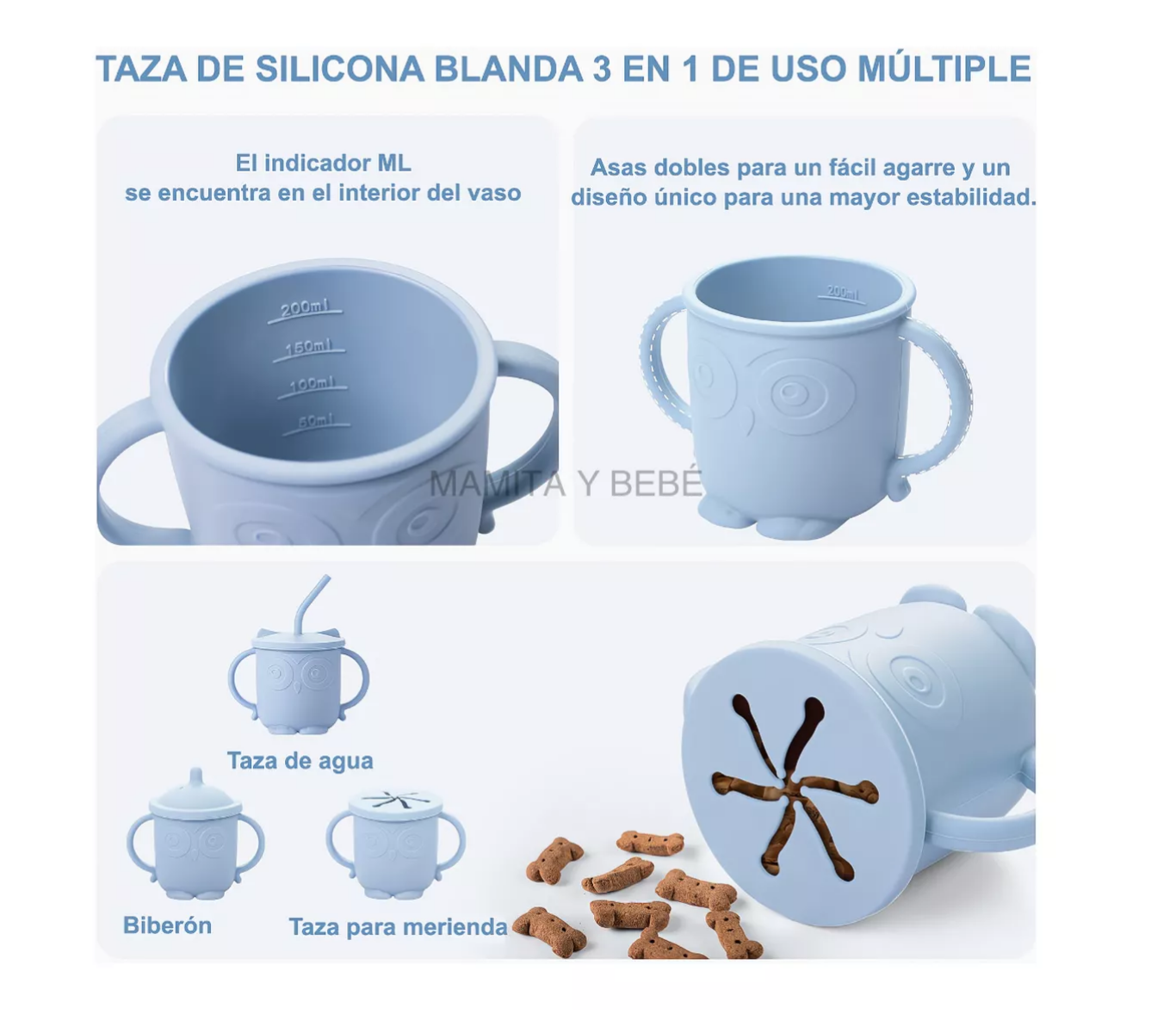 Foto 6 pulgar | Platos para Bebés Silicona Bowl Copa Cuchara Tenedor Babero Búho Azul