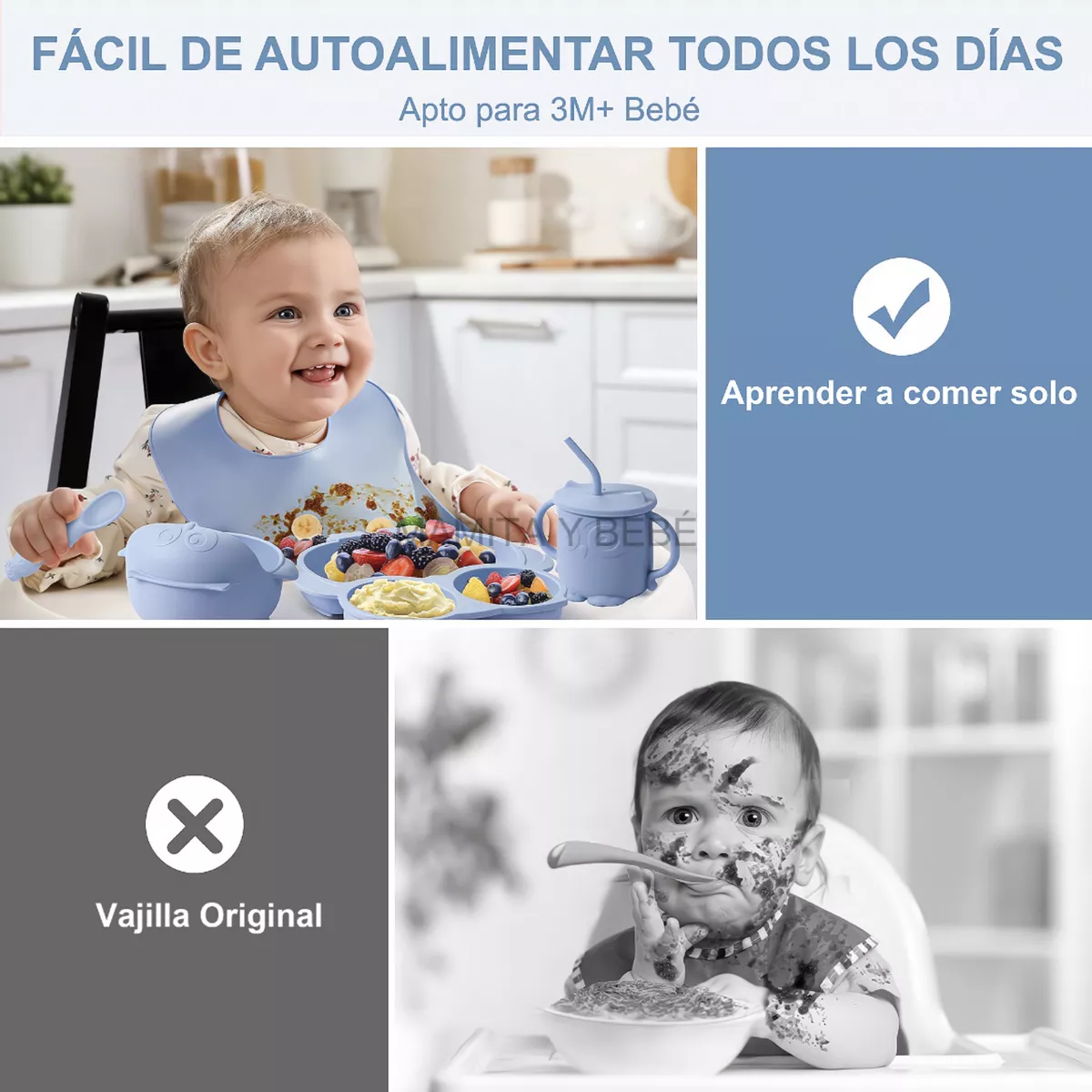 Foto 6 | Platos para Bebés Silicona Bowl Copa Cuchara Tenedor Babero Búho Azul