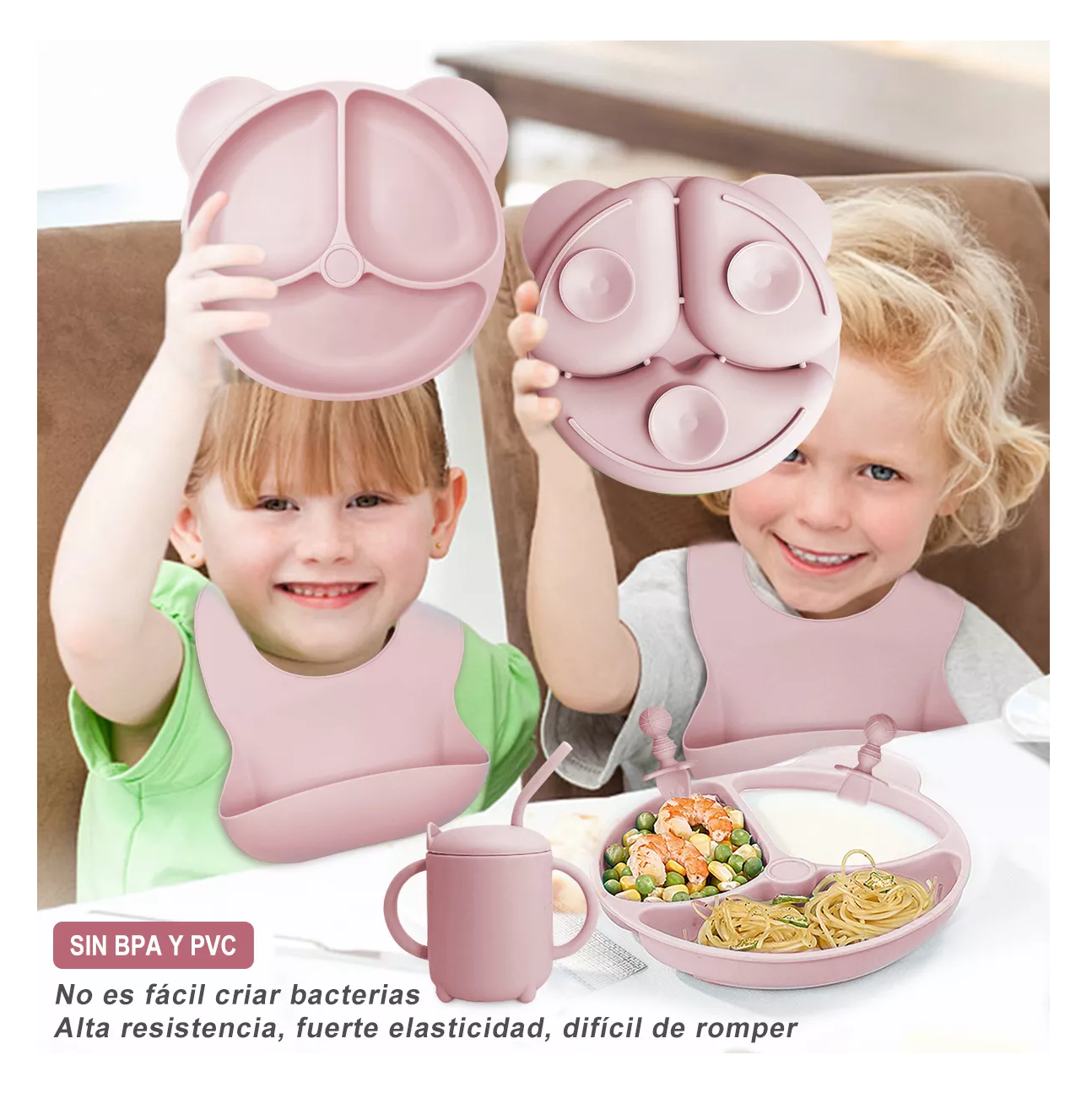 Foto 4 pulgar | Juego de Platos Silicona Belug Antideslizante para Bebés 10 Piezas Rosa