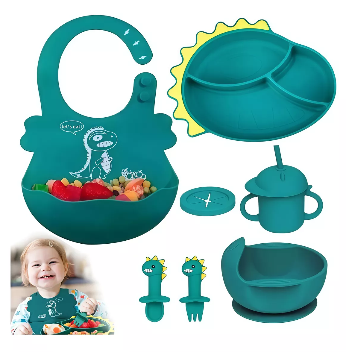 Foto 4 pulgar | Juego de Antideslizante Platos De Silicona 8 Pcs Verde Oscuro para Bebés