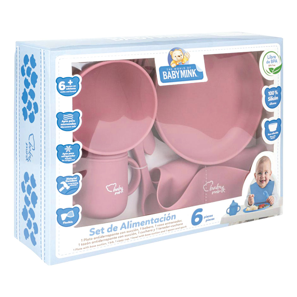 Foto 2 pulgar | Set De Alimentación Baby Mink Bmf03 Rosa (platos, Tazón, Set De Cubiertos Y Vaso Con Tapa)