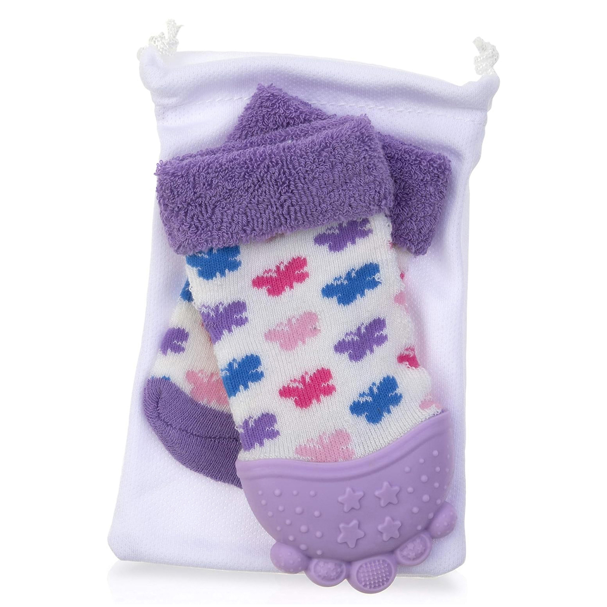 Calcetines con Mordedera para Bebé con Bolsa Nuby Morado